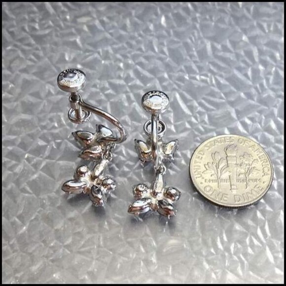 1950s Petite Crystal Sterling Flower Dangle Vintage Earrings - Picture 5 of 6